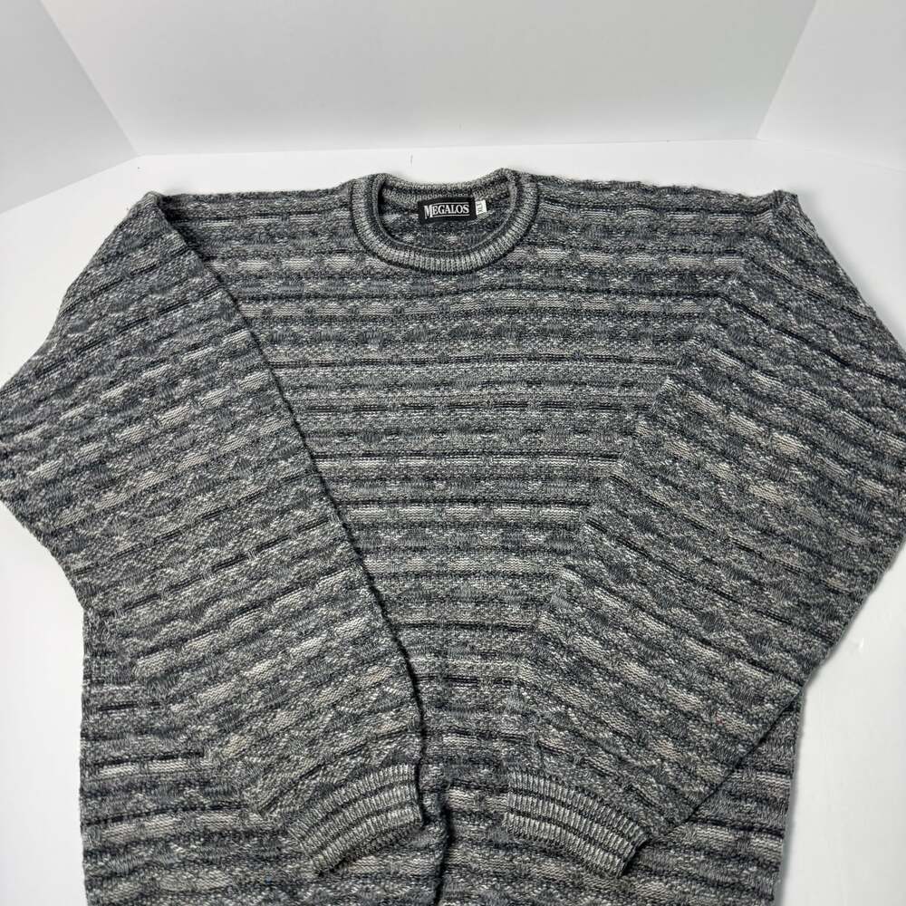 Vintage Megalos Gray Textured Knit Sweater, Men's XL Tall Granola Grandpa